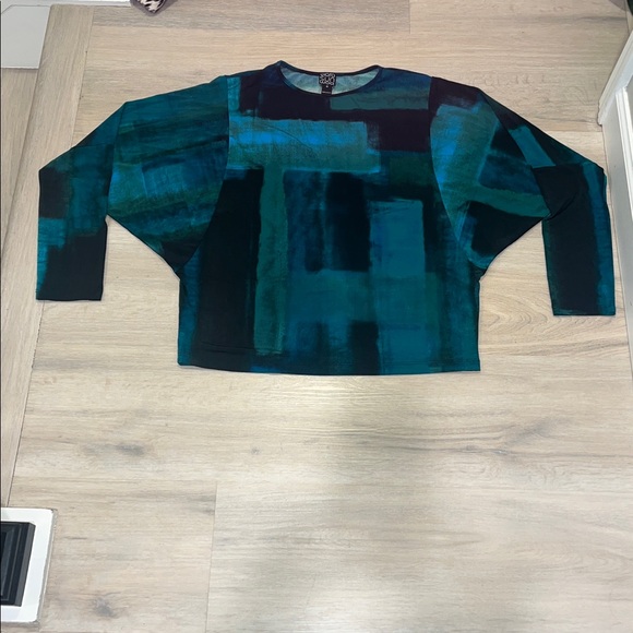 CLARA SUNWOO watercolor dolman sleeve top blue green art deco wearable artsy - Picture 4 of 9